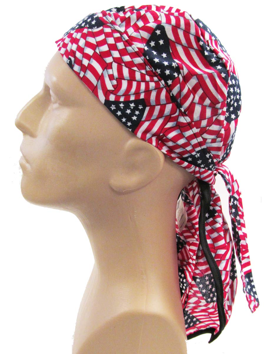 Thermo-Cool Cooling Doo Rag Tie Hat with Neckshade - Stars Stripes - Made in USA