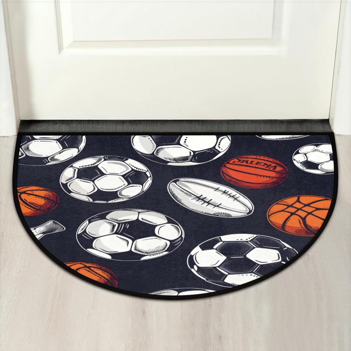 Sports Basketball Football Half Round Door Mat, Non-Slip Half Circle Mat Indoor Rug, Washable Area Rug Entrance Doormat for Kitchen Laundry Room 24 x 36 in