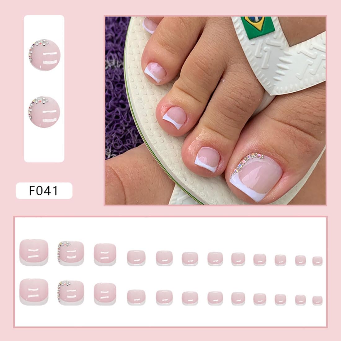 Cubahop 24pcs French Square Fake ToeNails Nude Rhinestone False Toenails Glitter Heart Love Glossy Toe Nail Tips for Women and Girls (pink3) - Image 3