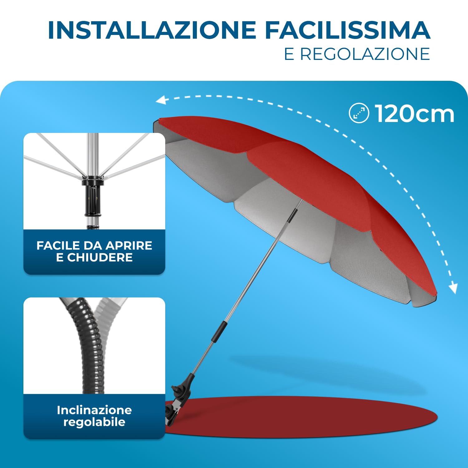 STYNGARD SAN FRANCISCO Ombrellino Parasole per Sdraio, Sedia da Campeggio e Balcone I Ombrellone con Morsetto Universale, Protezione UV 50+, Cupola 120 cm con Sporgenza, Regolabile a 360°