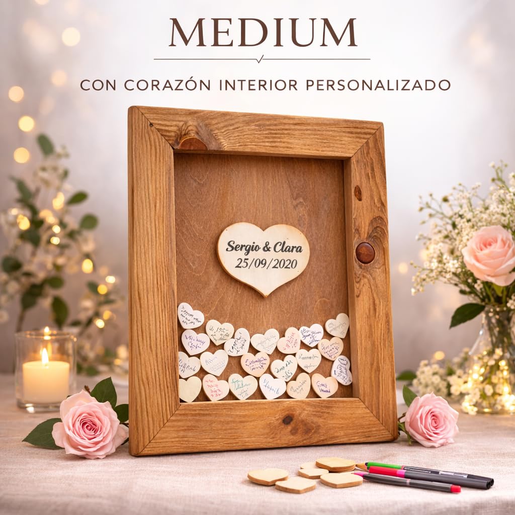 Libro de Firmas Boda con 100 Corazones de Madera y Marco Rústico 45x55 cm – Personalizable – Regalo Original para Bodas, Aniversarios y Bodas de Oro