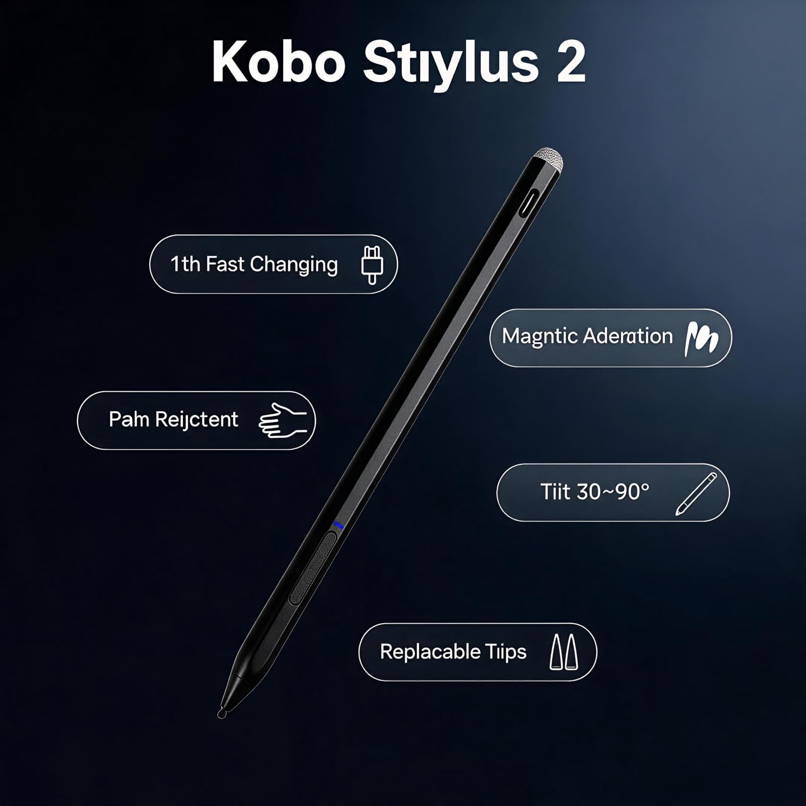 Minilabo Stylet 2 pour Kobo | Mark Up, prise de notes, points forts | Rechargeable via USB-C | Compatible avec liseuse Libra Colour 7" et Kobo Sage eReader Noir