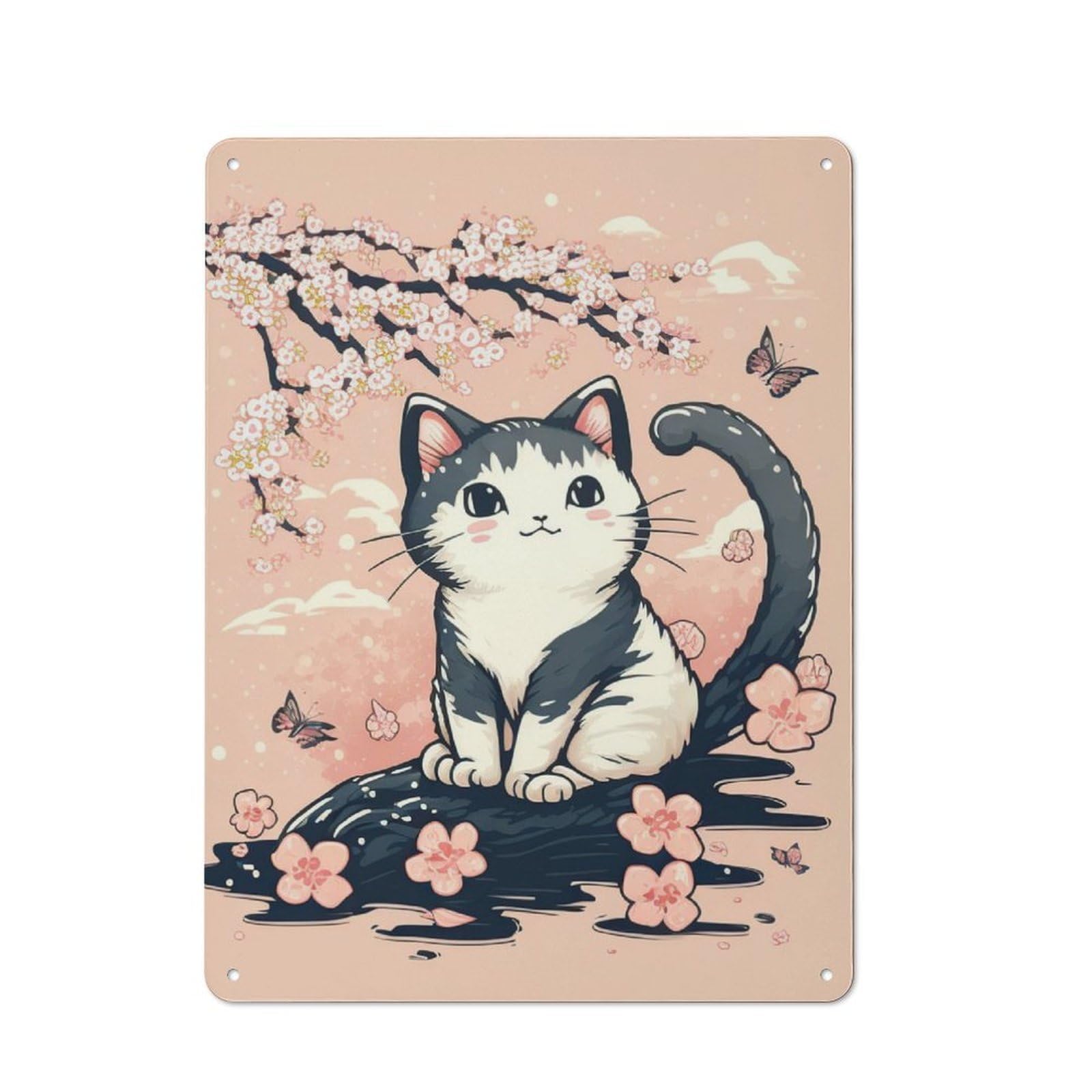 Junmoney Cat Cherry Blossoms For Hobby Room Or Studio, Rustic Metal Sign 40X30cm, For Creative Interior Collectors Refreshing A Room In Autumn