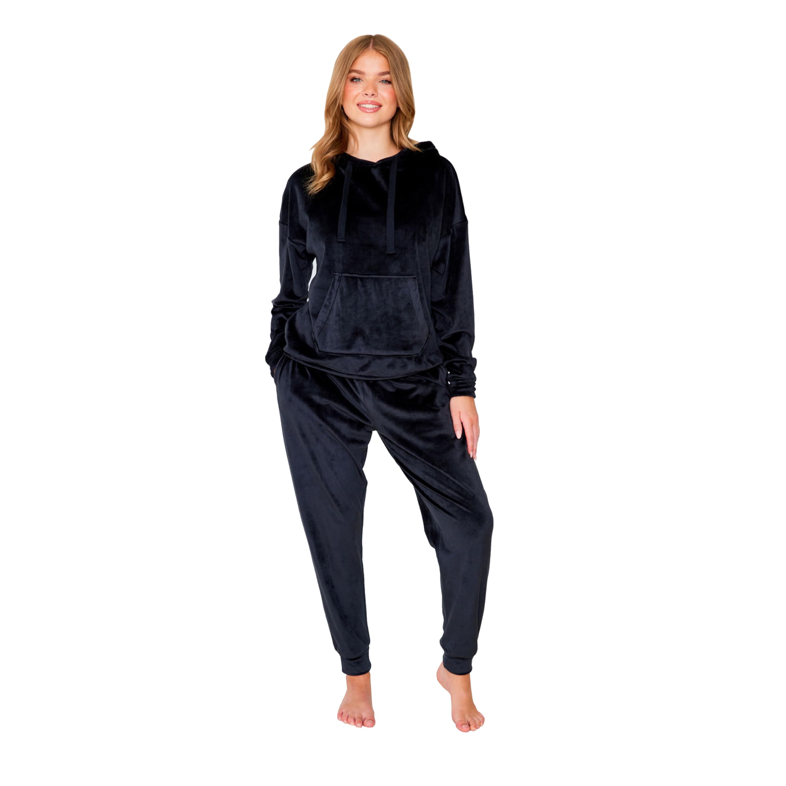 Turtle Women's Black Hoodie ’S Black Hooded Fleece Pyjamas Set – Fluffy Velour Loungewear Tracksuit, Soft Warm Hoodie & Joggers, Cosy Winter Nightwear (Xl = Uk 20-22)