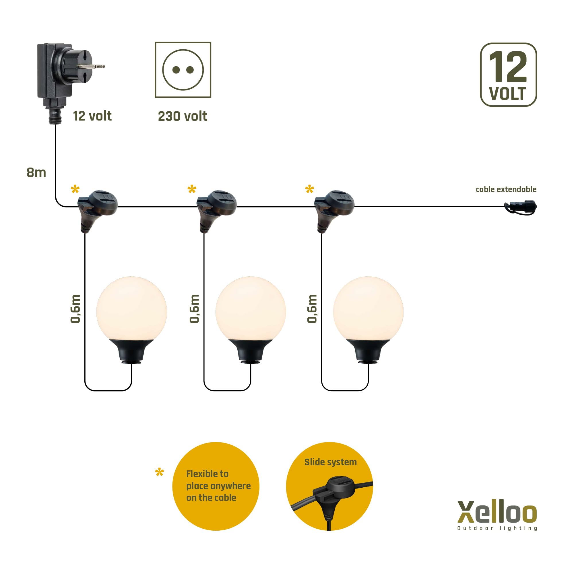 Xelloo® Zestaw oświetlenia ogrodowego ROZ, 12 Volt, 3 sztuki, designerskie oprawy 1W LED ciepłobiałe z bolcem uziemiającym, wodoodporne (IP44) i z praktycznym złączem przesuwnym