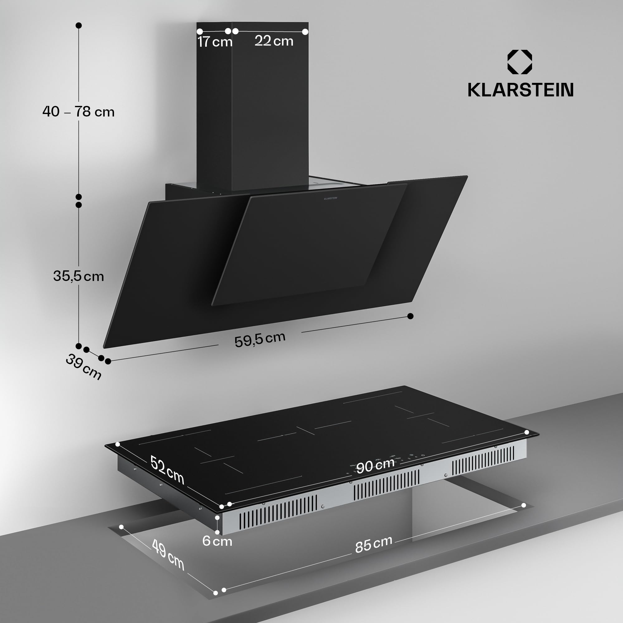 Klarstein HaloSync Induktionskochfeld mit Dunstabzug 90 cm – 5 Zonen, 11400W Boost, Touch-Slider, Flexzonen, Timer, Kindersicherung, Restwärmeanzeige, integrierter Dunstabzug