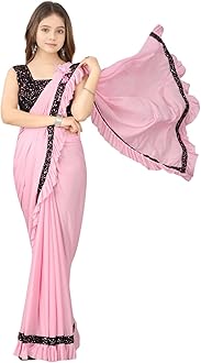 Dhyey fashion Fashionable Baby Girls Lycra Blend Saree with Velvet Unstitched Blouse Piece | Readymade Saree For Girls | Sarees For Girls