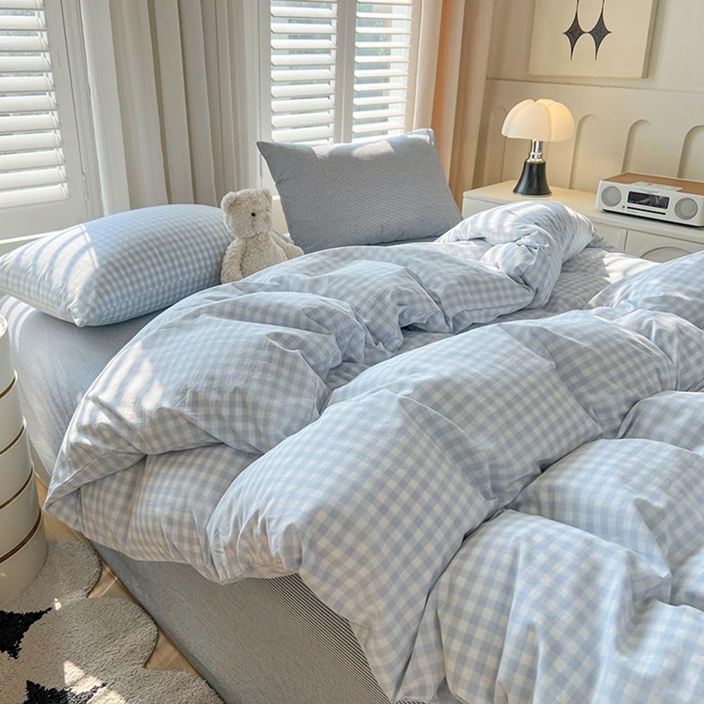 Nyescasa Blue Gingham Duvet Cover King White Blue Gingham Plaid Checkered Grid Bedding Set Check Modern Washed Microfibre Comforter Cover 220x230 cm with Zipper Closure and 2 Pillowcases 50x75 cm