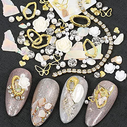 LordHighting Metal Sequins for Nails, Shell Flakes Mica Slice Metal Rhinestones AB Pearl Glass Gems Set, 3D Resin Flowers for Nail Art Decorations with Tweezer and Picker