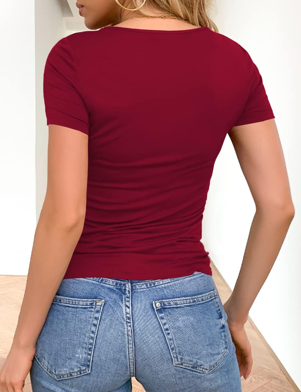 VOIANLIMO Women's Summer Tops Short Sleeve Slim Fitted Deep V Neck Cross Wrap Tunic T-Shirt Side ruched Shirring Tees - Image 3