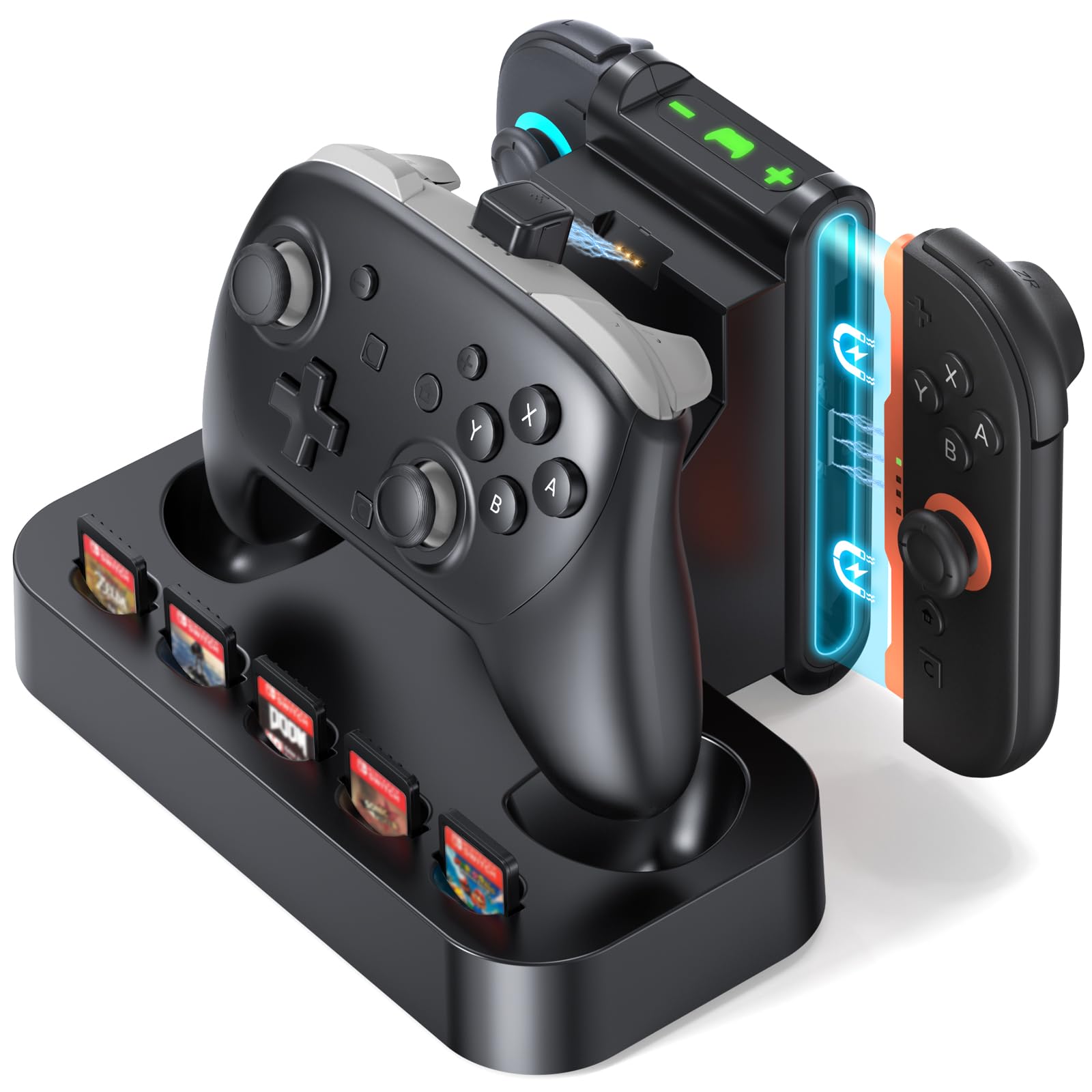 NEWDERY Stazione di ricarica controller per Nintendo Switch 2, stazione di ricarica magnetica rapida Joy con 5 giochi di stoccaggio spazio e indicatore LED, base antiscivolo