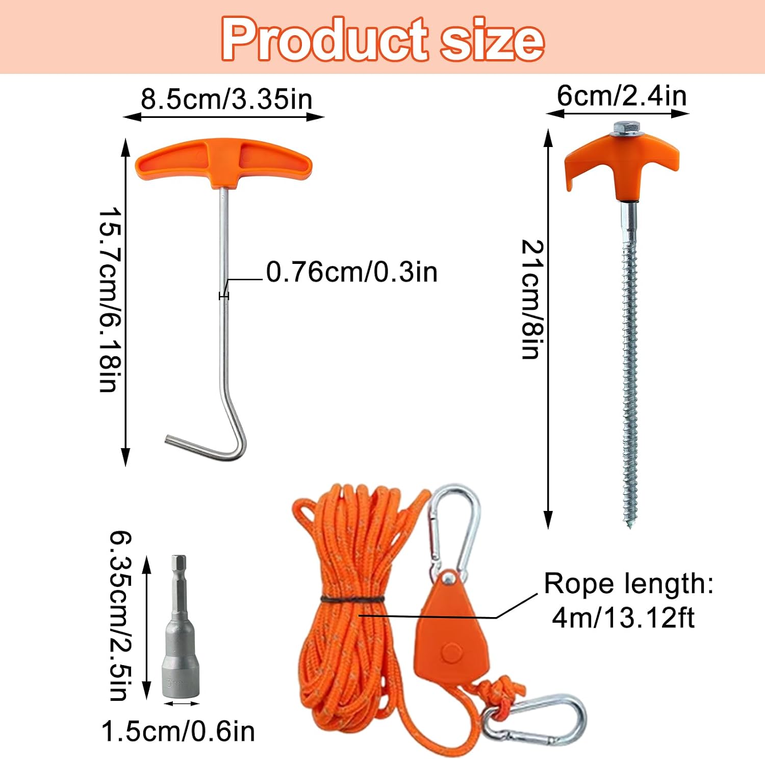 8" Heavy Duty Tent Stakes & 1/8" 13FT Tie Down Rope for Camping,Inflatables