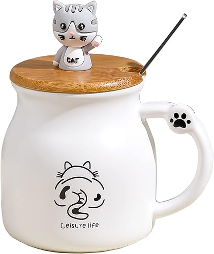 BigNoseDeer Lindas tazas de café de cerámica con tapa de gatito y cuchara, tazas de té Kawaii, tazas para niños, tazas de gato para amantes de los