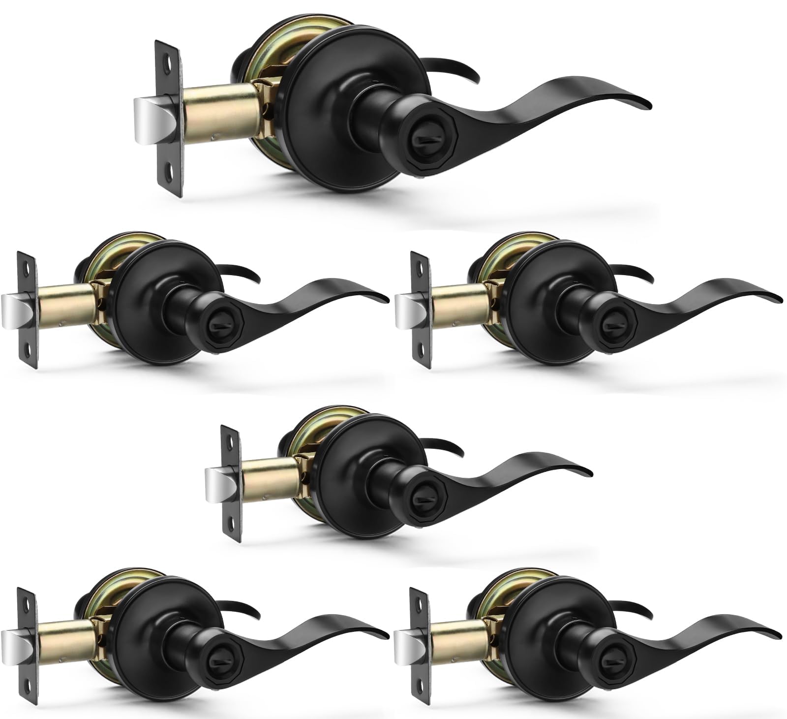 6 Pack Matte Black Door Handles Privacy Door Levers, Heavy Duty Bed and Bath Door Locks Interior Door Knobs, Reversible Keyless Wave Lever Door Handles