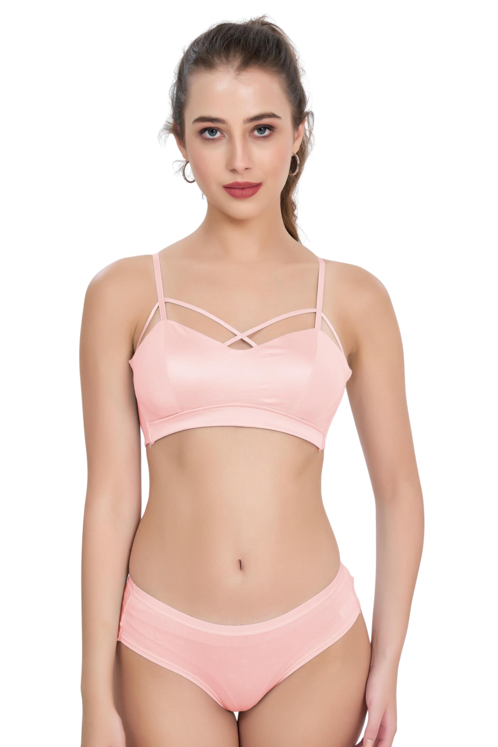 Women's Criss-Cross Strappy Bralette and Panty Set – Seamless Stretch Lingerie Set for Everyday Wear & Lounge – Soft Peach Satin Finish