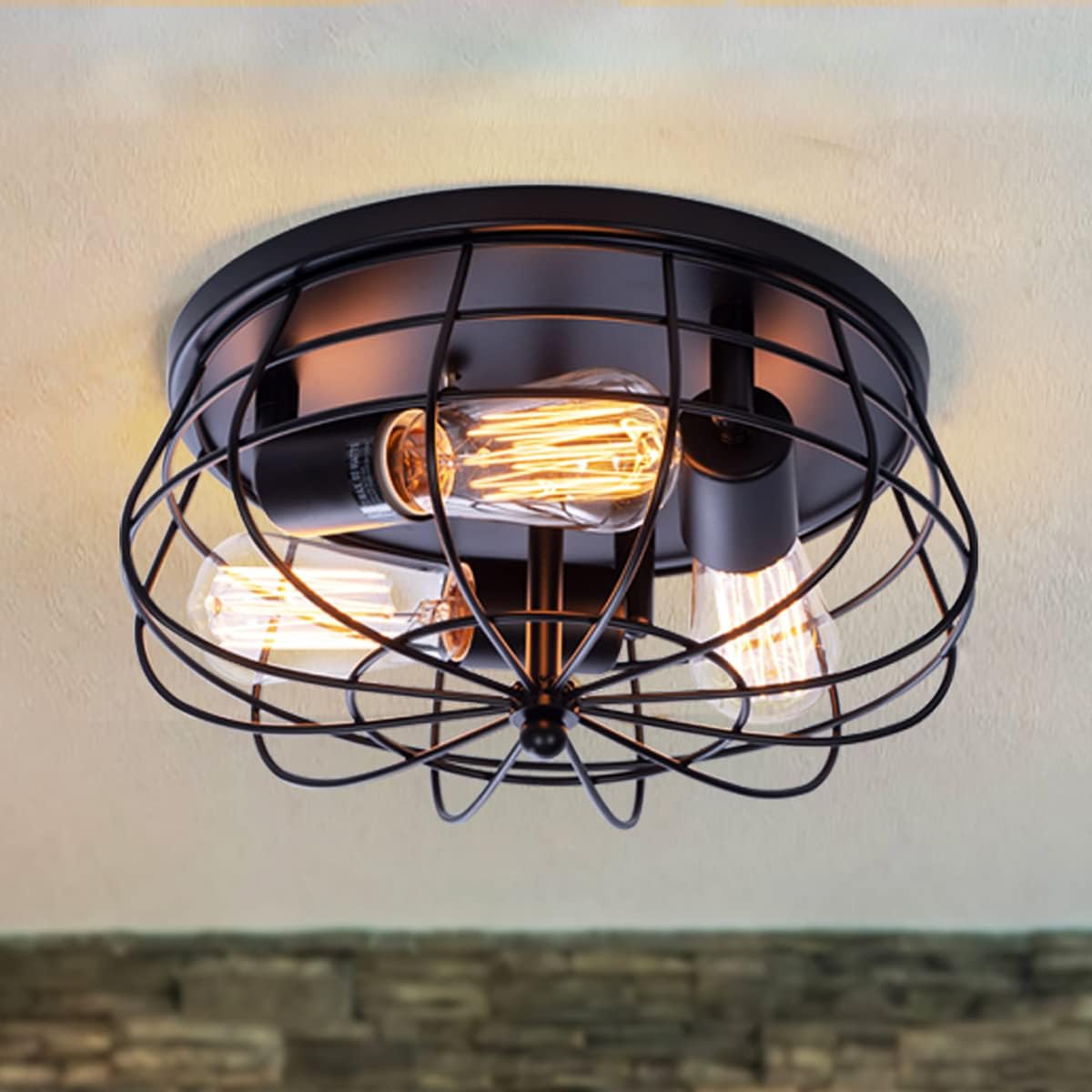 Super Deal Product VILUXY Industrial 3-Light Rustic Semi Flush Mount Ceiling Light, with Metal Cage for Kitchen, Living Room, Dining Room, Bedroom, Hallway, Stairway