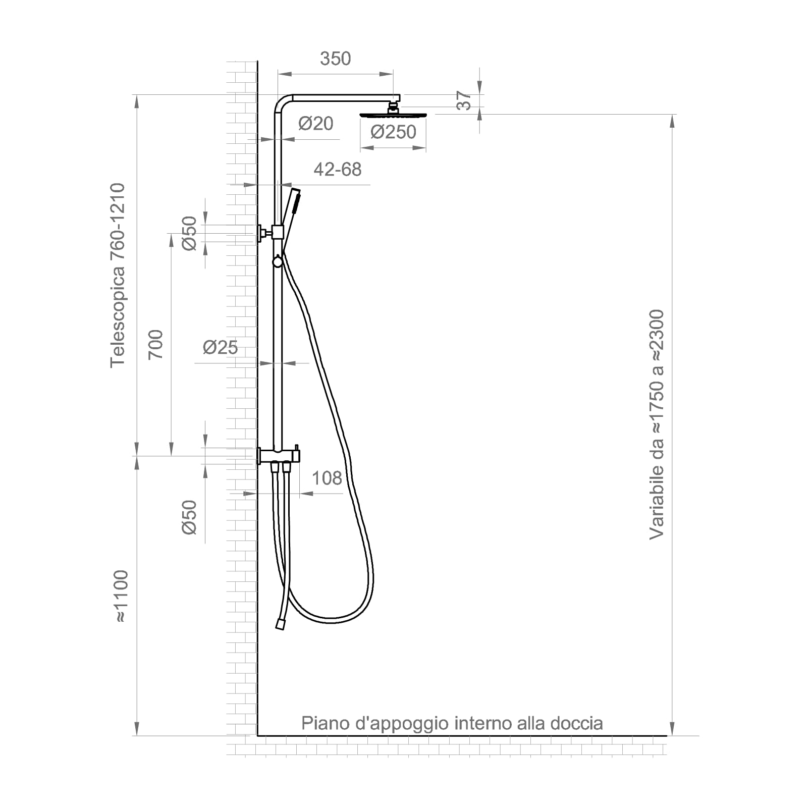 ERCOS Colonna Doccia In Ottone Comato , Dimensione Variabile da 1750 MM a 2300 MM , Kit Completo Di Miscelatore Asta Doccia Sifone Doccetta Con Supporto e Flessibile.