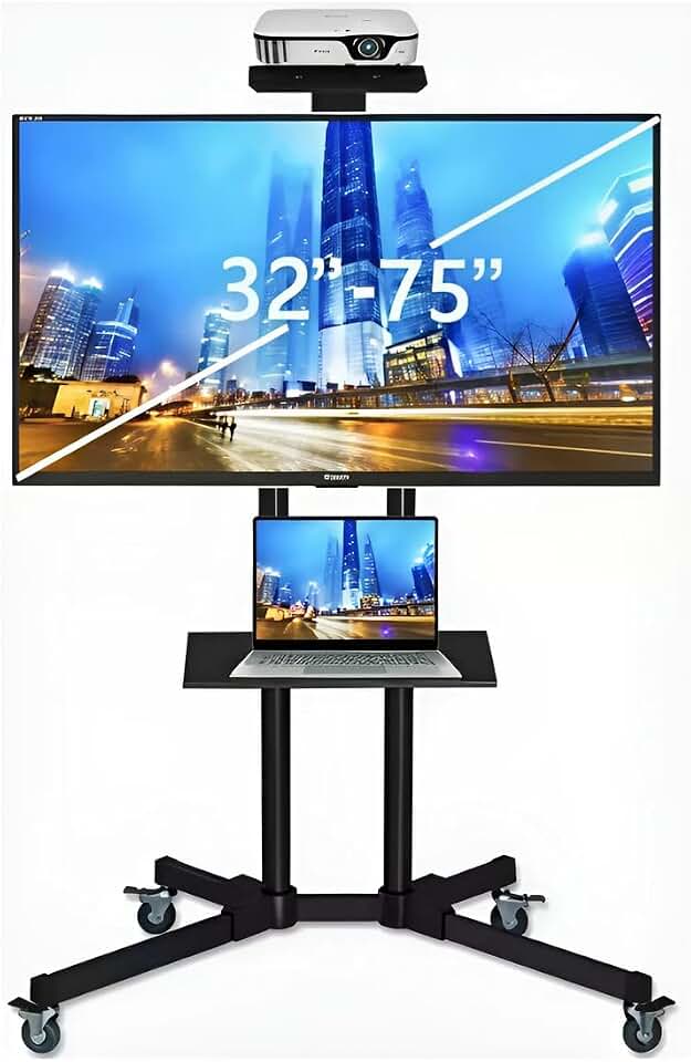 Suporte TV Rack Universal de Chão com Rodízios, Suporte para TV Articulado Altura Ajustável para 32 a 75 Polegadas LCD/LED/OLED, Estrutura Reforçada Estável Compatível Padrão VESA