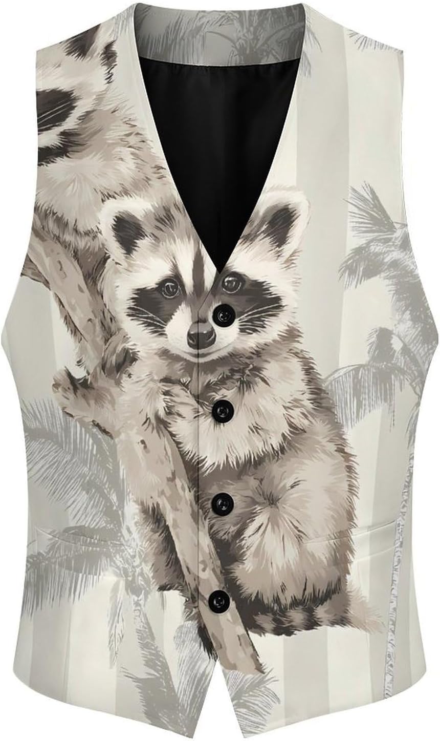 Raccoon Palms Trees Stripes Men's Business Suit Vest Slim Fit V-Neck Dress Waistcoat Tuxedo for Party