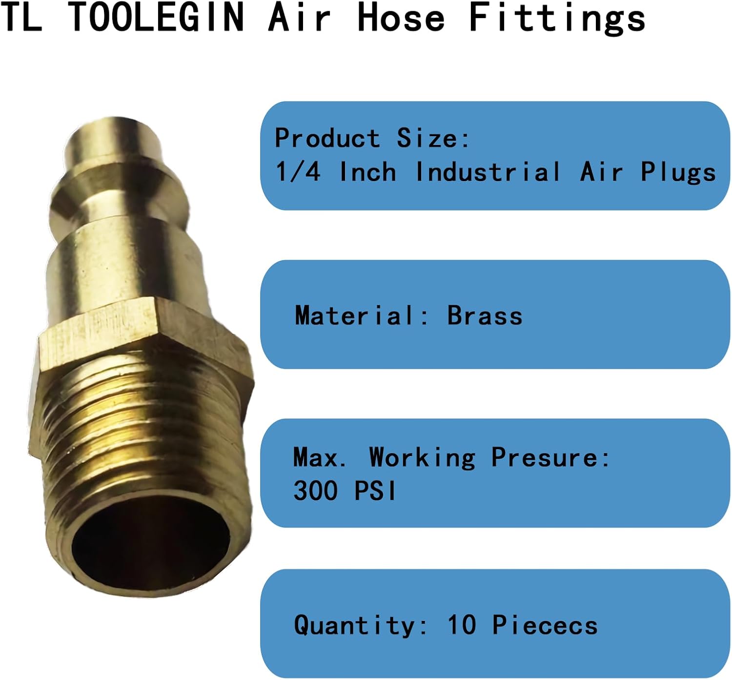 1/4” Air Hose Fittings, Brass Air Plugs, NPT Male Air Compressor Quick Connect Fittings, 10pcs kit, 300 psi