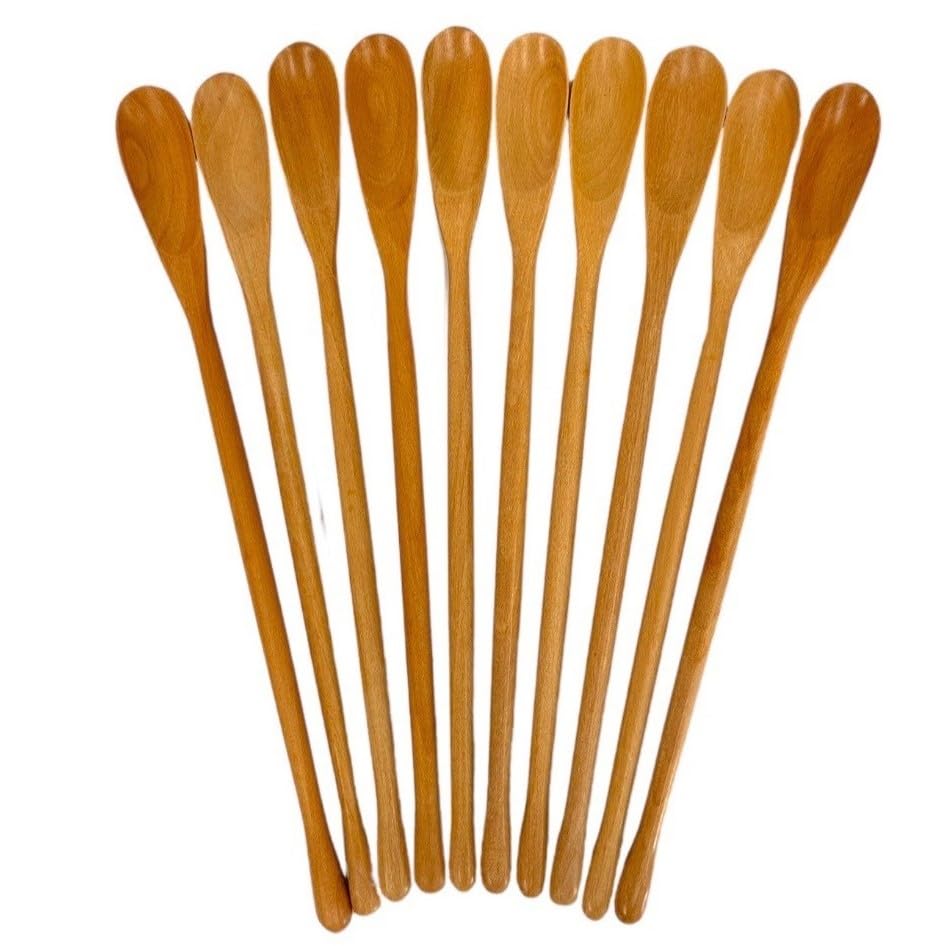 Set of 10 White Wood Long Handle Coffee Tea Drink Bar Cocktail Stirrer Mixing Wooden Spoons 8.5 inch