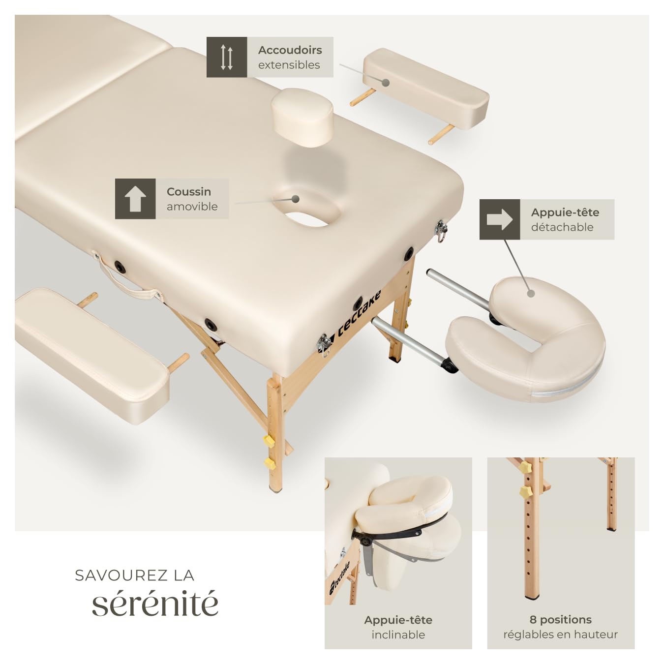 tectake® Table de Massage Pliante Professionnelle 2 Zones Ergonomique Massage et Relaxation Bois Table Esthetique Professionnel Lit de Massage Portable, Rouleaux & Housse de Transport - Beige