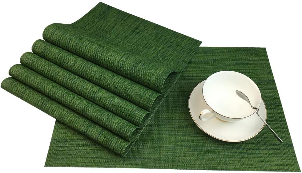Placemats Set of 6 for Dining Table Stain Resistant Washable PVC Kitchen Table Mats Woven Vinyl Wipeable Table Placemat,Easy to Clean(Algae Green)
