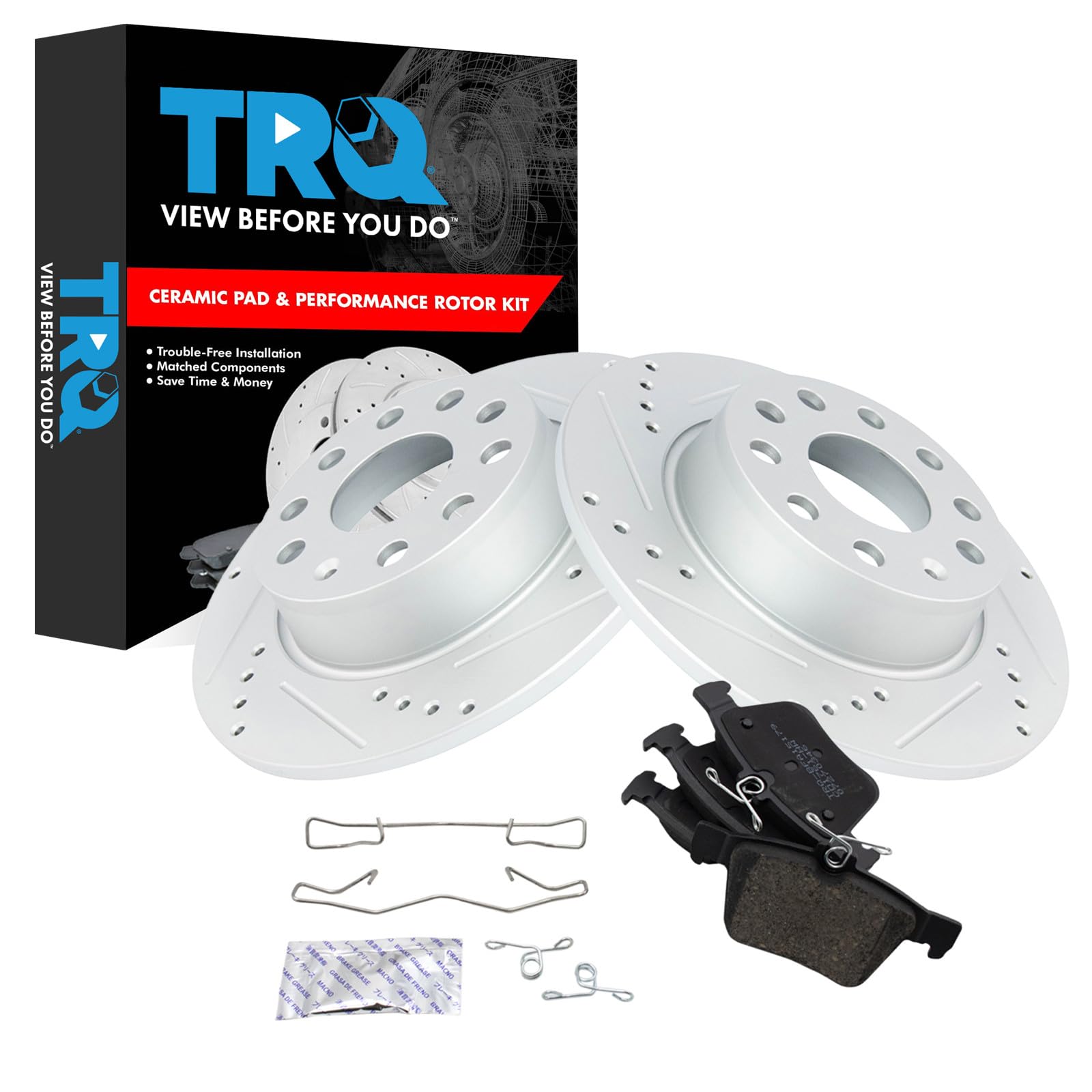TRQ Performance Rear Brake Pad and Rotor Set Ceramic Coated Drilled Slotted Rotors Compatible with 2015-2020 Audi A3 2015-2018 A3 Quattro 2016-2018 Sportback e-tron 2015-2019 Volkswagen e-Golf