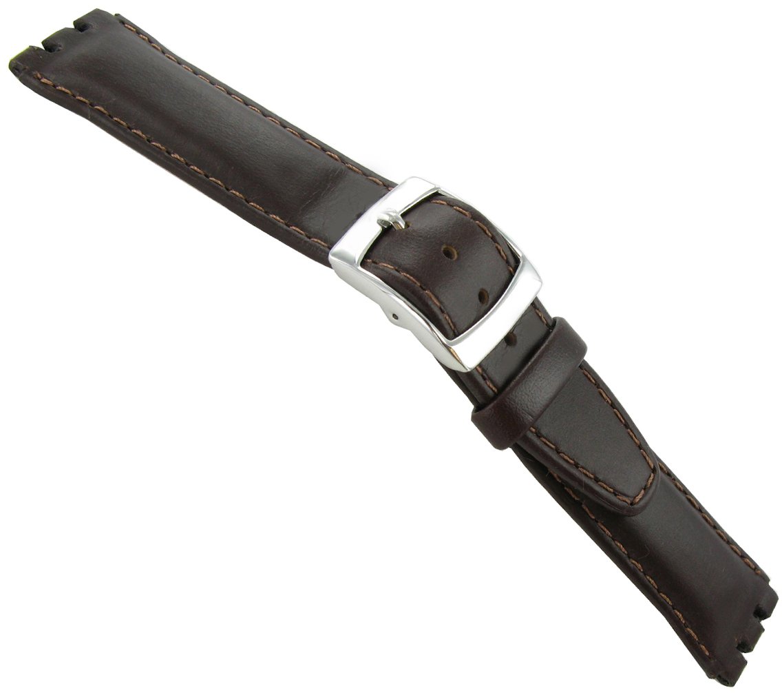 19mm Genuine Oiled Leather Padded Stitched Dark Brown Watch Band Fits Swatch