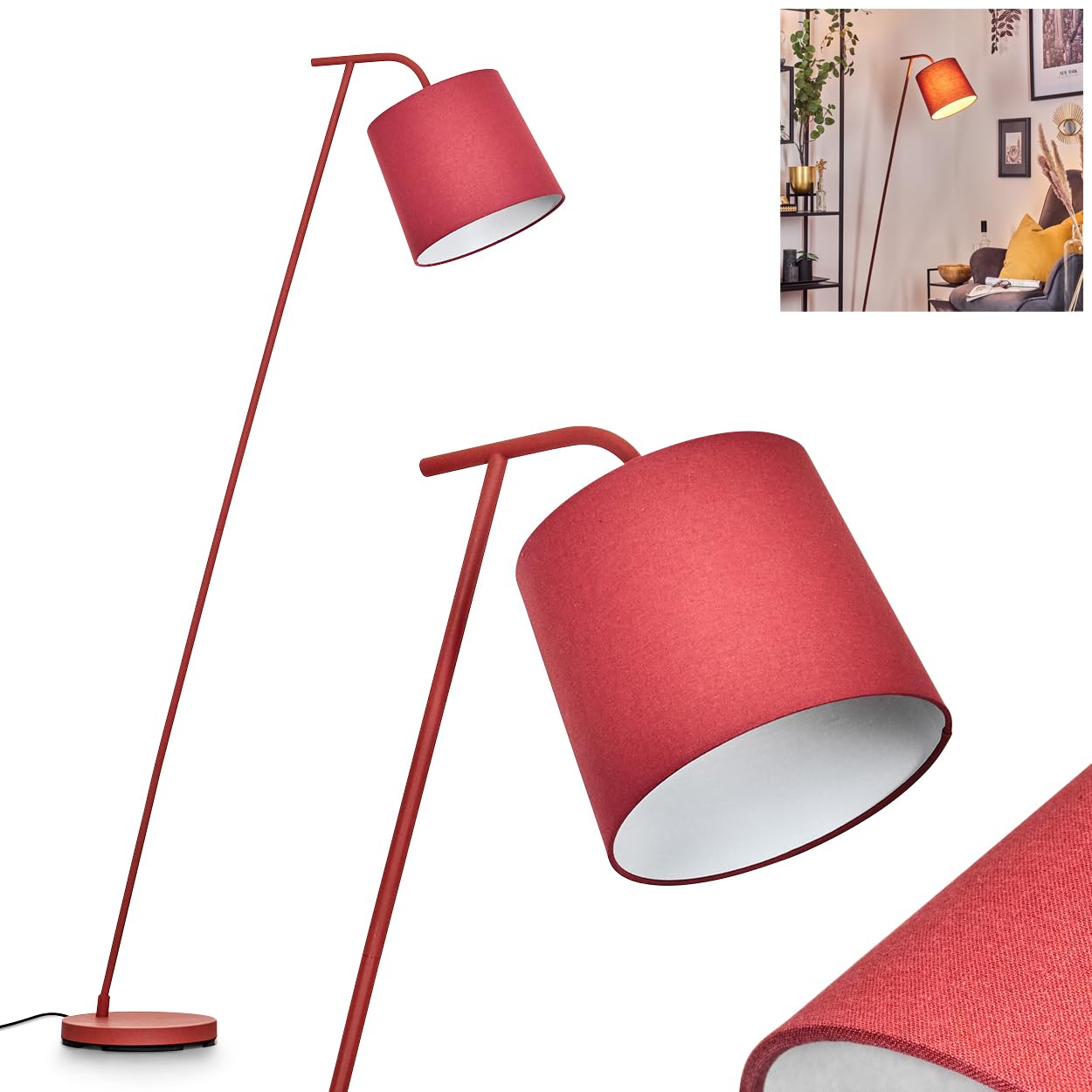 Stehleuchte Palmeiros, Stehlampe aus Metall/Stoff in Rot/Weiß, Leuchte im Retro/Vintage-Design mit rundem Schirm (Ø 25 cm) u. Fußschalter, Höhe 160 cm, 1 x E27, ohne Leuchtmittel