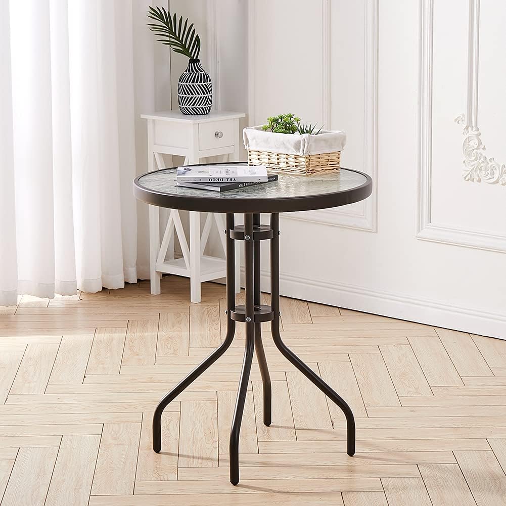 Gartentisch Rund 60 cm Schwarz Sicherheitsglas Balkon Outdoor | Pulverbeschichteter Stahl, UV-beständig, rutschfest, wetterfest, stylisch, pflegeleicht