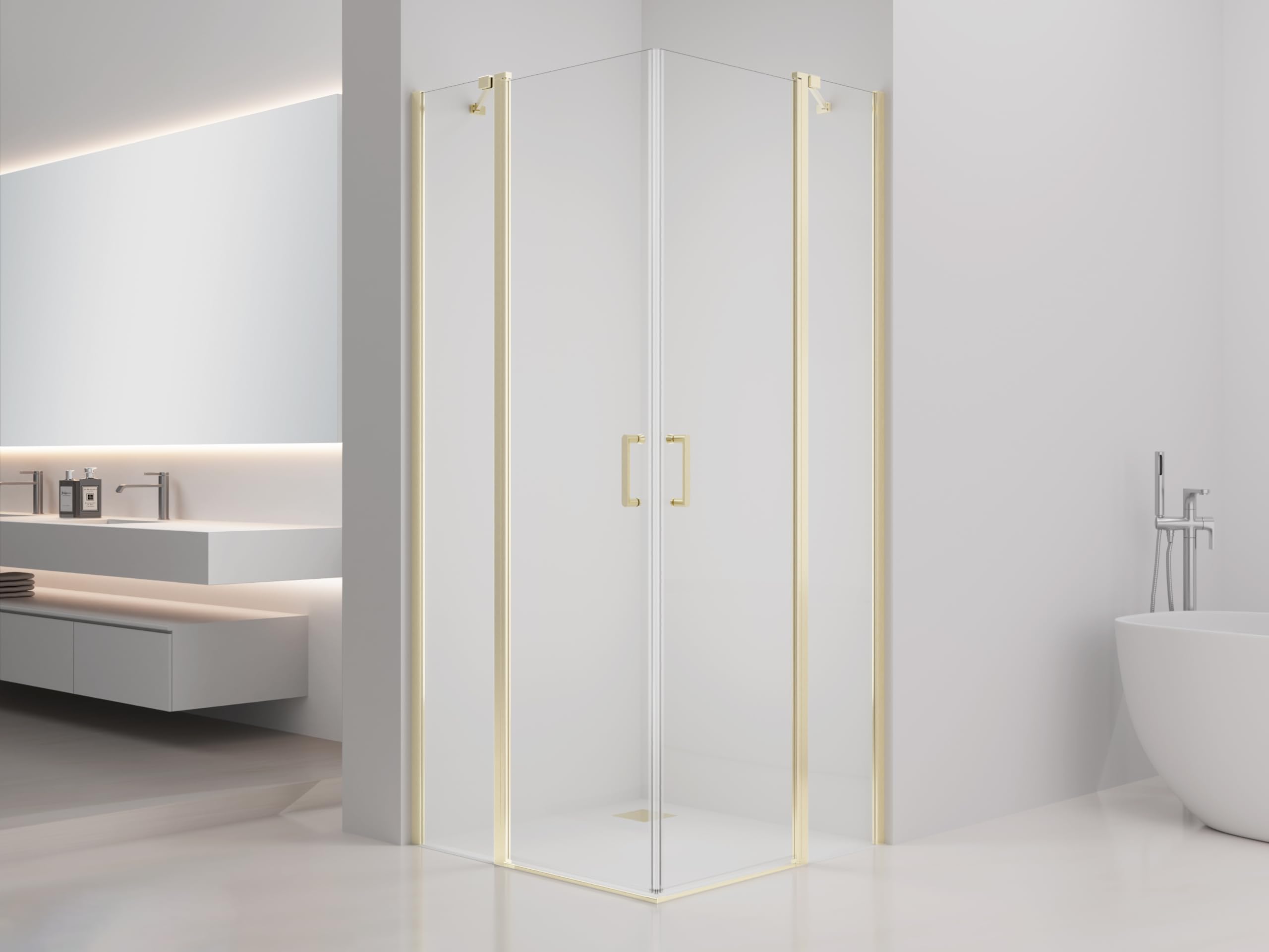 Kabina prysznicowa 90 x 90 x 195 cm – złota, drzwi obrotowe po obu stronach, szkło hartowane ESG 6 mm, Easy Clean, mechanizm podnoszący, uchwyt stabilizacyjny, regulowany profil ścienny, zamknięcie
