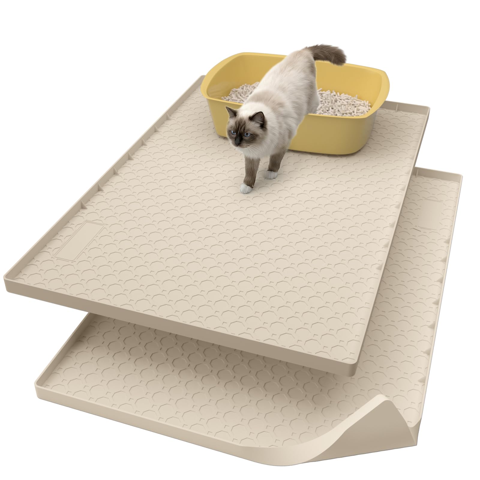 Große Katzenstreu-Matte, 86,4 x 55,9 cm, Katzenstreu, Fangmatte für Katzentoilette, Silikon, mit erhöhten Kanten, wasserdicht, Beige, 2 Stück