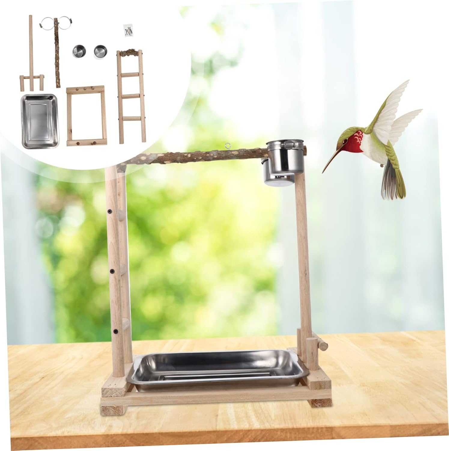 Mipcase Stainless Steel Bird Food Box for Parrots Wooden Ladder Climbing Toy Educational Training Bird Accessories No Odor