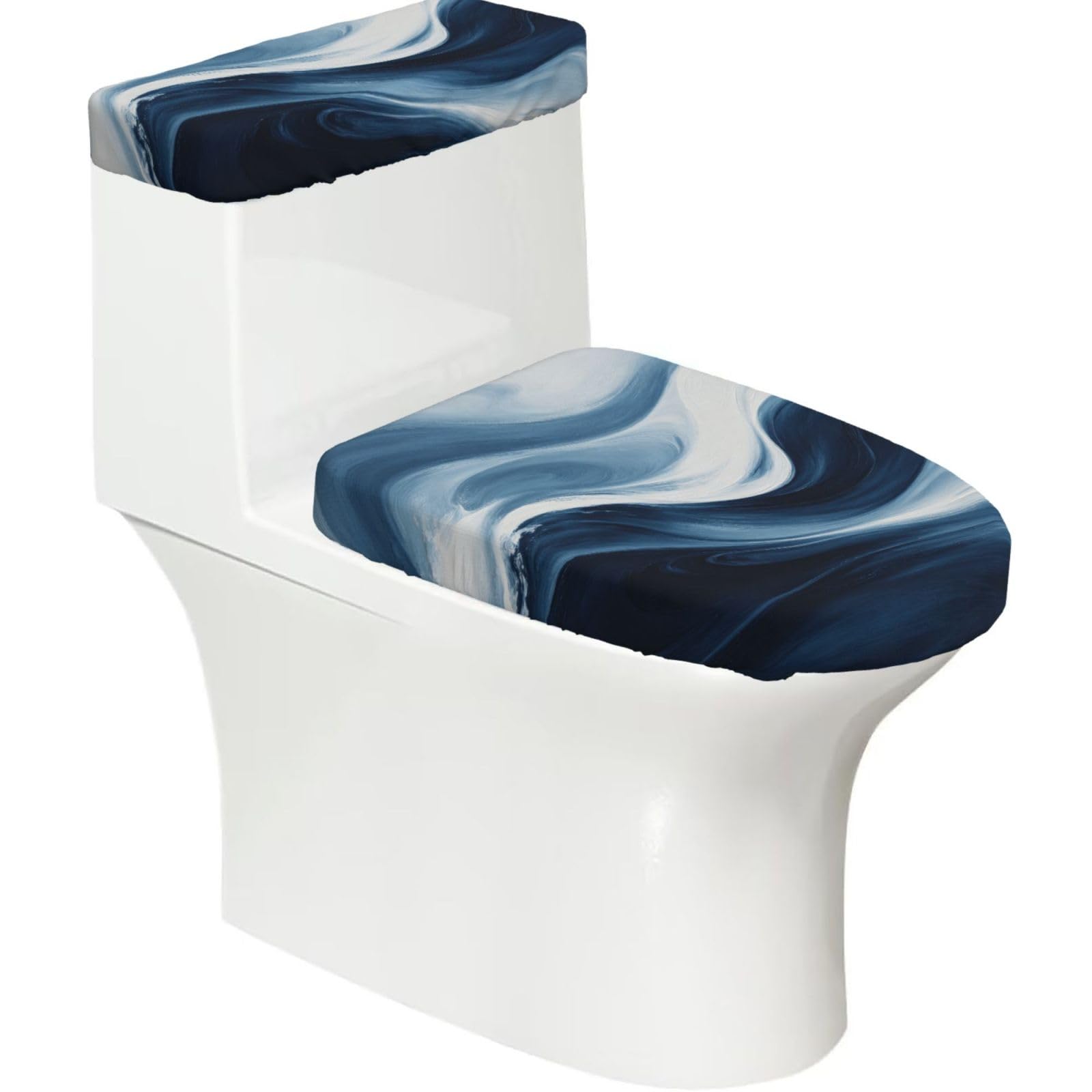 Deep Blue Wave Elastic Toilet Cover Set of 2-Stretchy Lid and Tank Covers for Bathroom, Soft Washable U Shape Toilet Decor