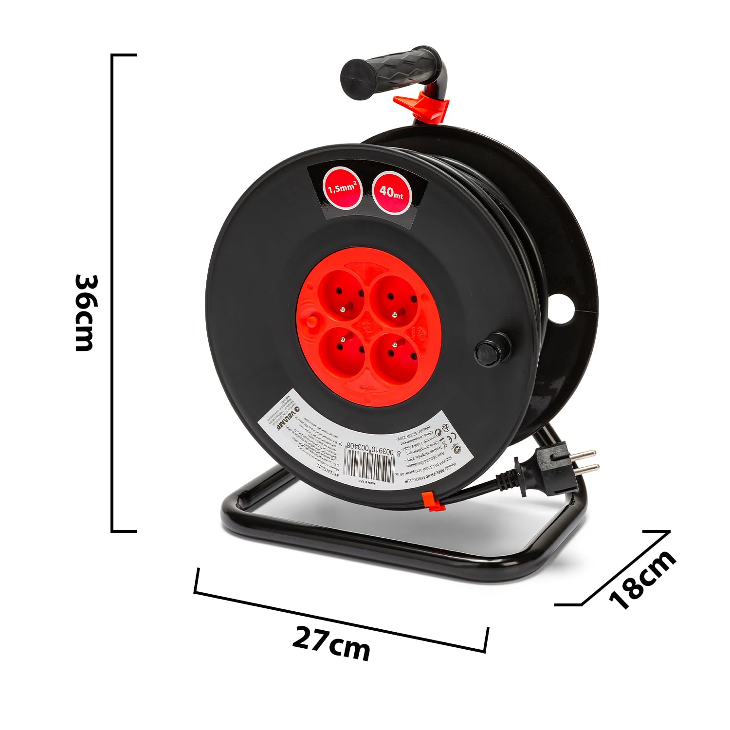 Velamp REEL-FR-40 Rallonge Prolongateur électrique 40 m avec enrouleur 4 Prises 16 A section 3G1,5 mm² + coupe-circuit. Noir et Rouge