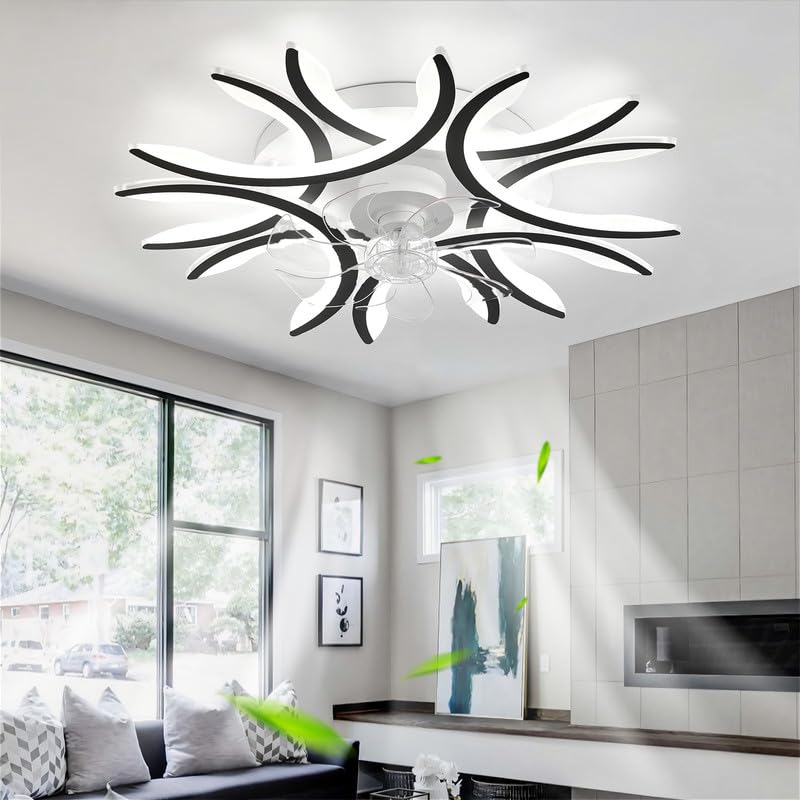 NVZHIDAI LED Ceiling Fan Lights Bedroom Remote Control Silent Ceiling Light with Fan Dimmable Reversible 6 Speed Flush Mount Fan Light Smart DC Large Modern for Living Room, Lounge, Black||A