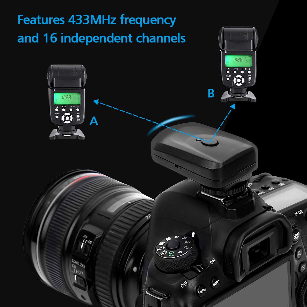 Akozon Flash Trigger 433 MHz Set di Trigger Flash Wireless a 16 canali con 1 trasmettitore 2 ricevitori 1 Cavo di sincronizzazione