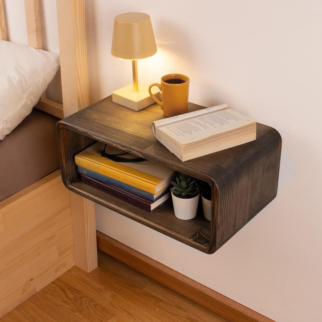 UHUD CRAFTS Floating Wooden Bedside Shelf, Wall Mounted Nightstand, Bedside Table, Nightstand Shelf, Handmade, Floating Wooden Wall Shelf for Storage, 2- Tier Solid Wood Shelf - Dark Burnt-image-5