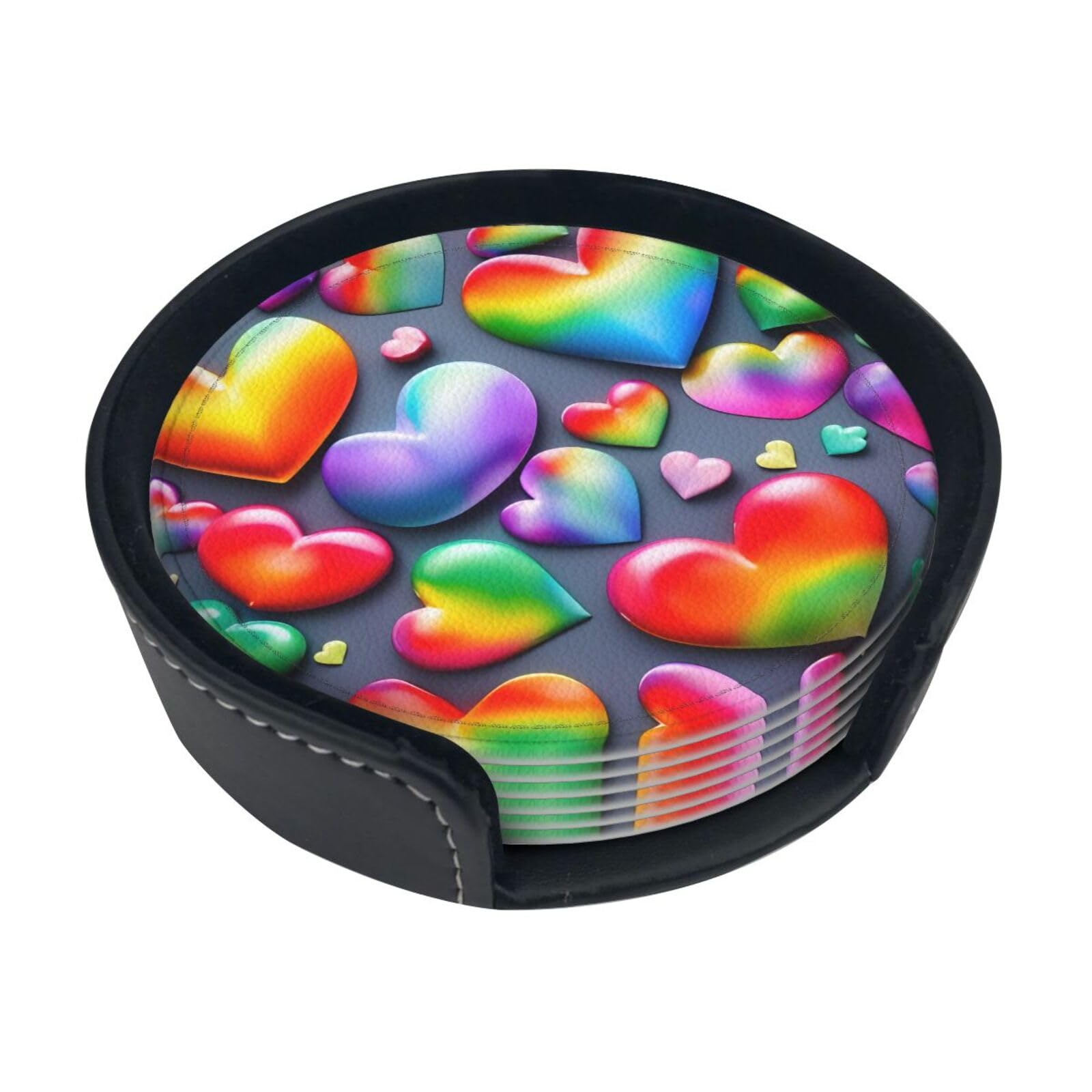 Rainbow-Colored Love Hearts Print Round Coasters Set Of 6,Coaster For Tabletop Protection Home Bar Decor