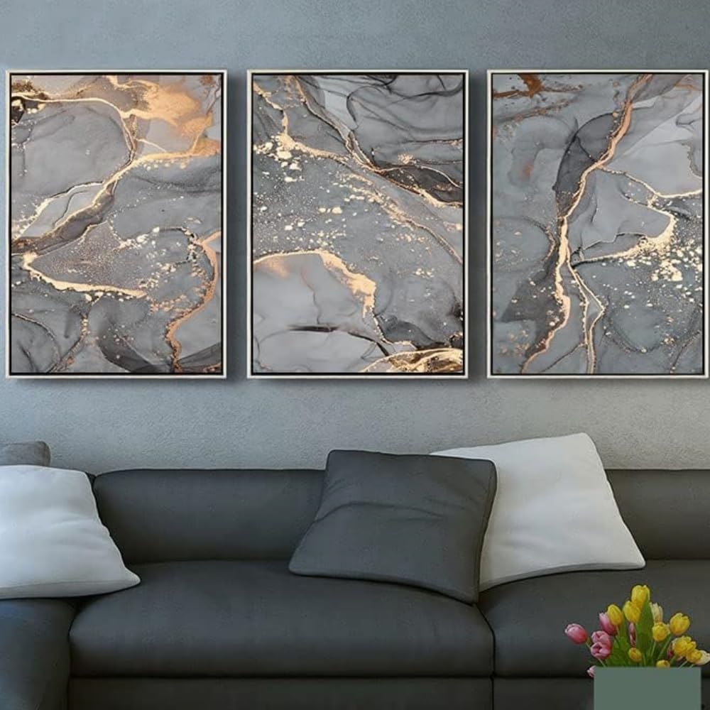HURCP Set Of 3 Canvas Poster Abstract Grey Golden Fluid Marble Texture Modern Wall Art Prints Gift Bedroom Living Room Dorm Gallery Corridor Decor Picture,50x70 CM (19.7x27.6 In)