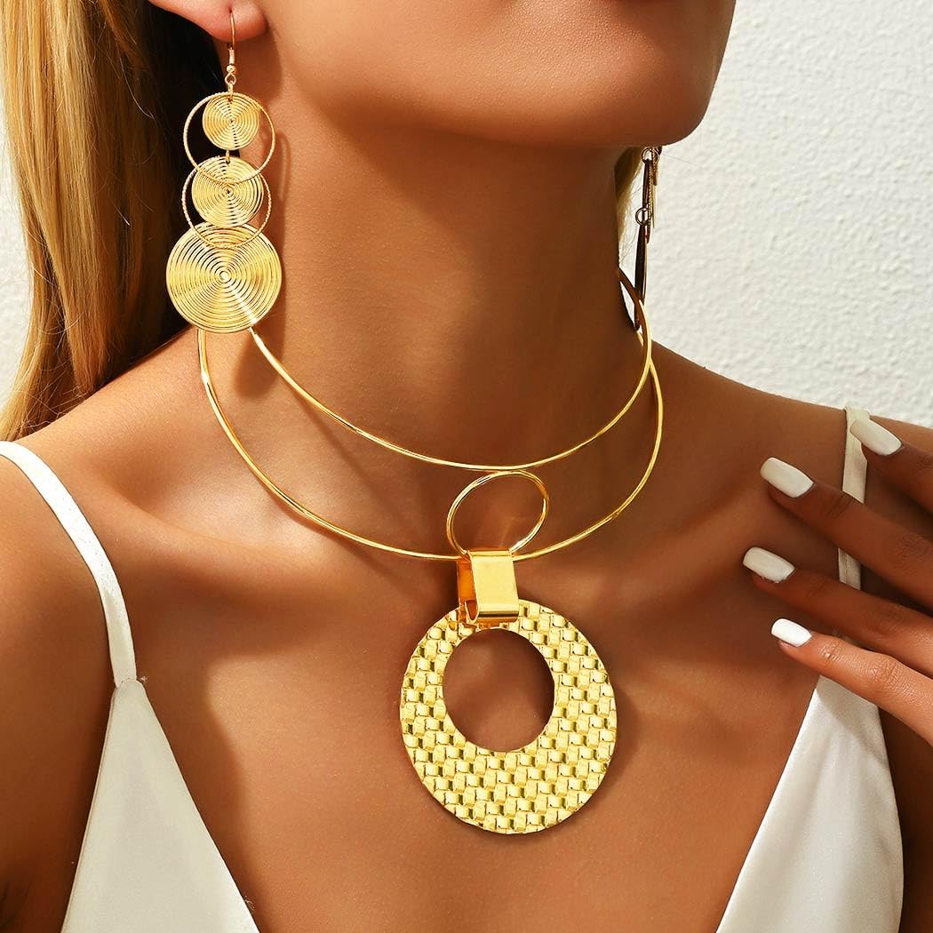 Gold African Choker Necklace Jewelry Set Africa Statement Pendant Necklaces Earring Sets for Women - Image 3