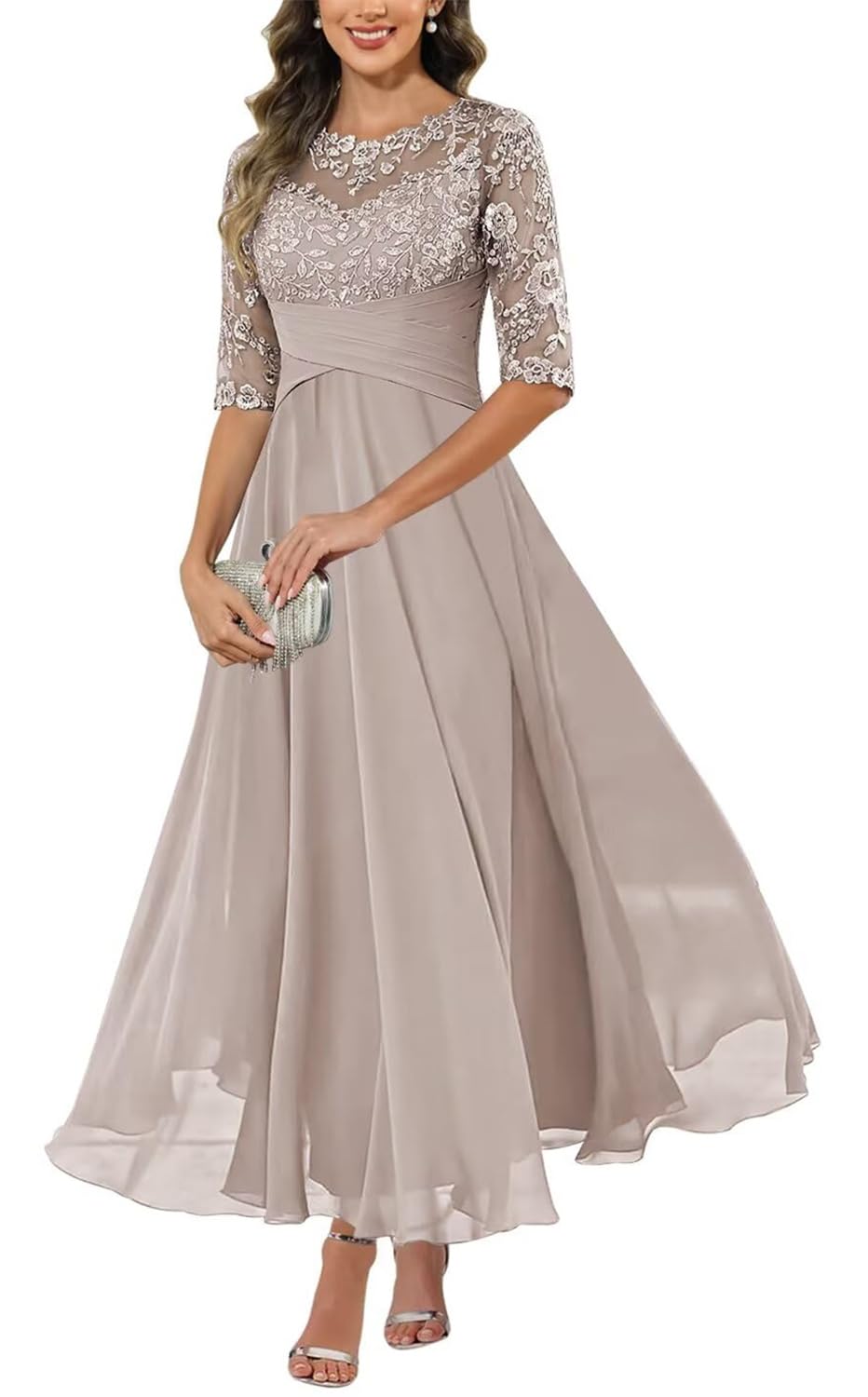 Kiyne Women's Taupe Mother Of The Bride Dresses For With Sleeves Lace Applique Chiffon Wedding Guest Dress Formal Gown Uk14