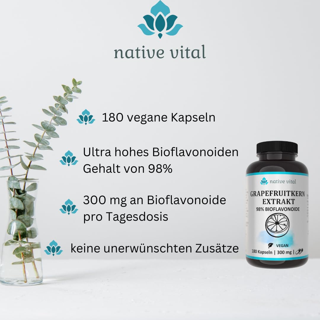 Grapefruitkernextrakt - WICHTIG: 98% Bioflavonoide - 180 Kapseln - Made in Germany - Vegan - Premium Qualität