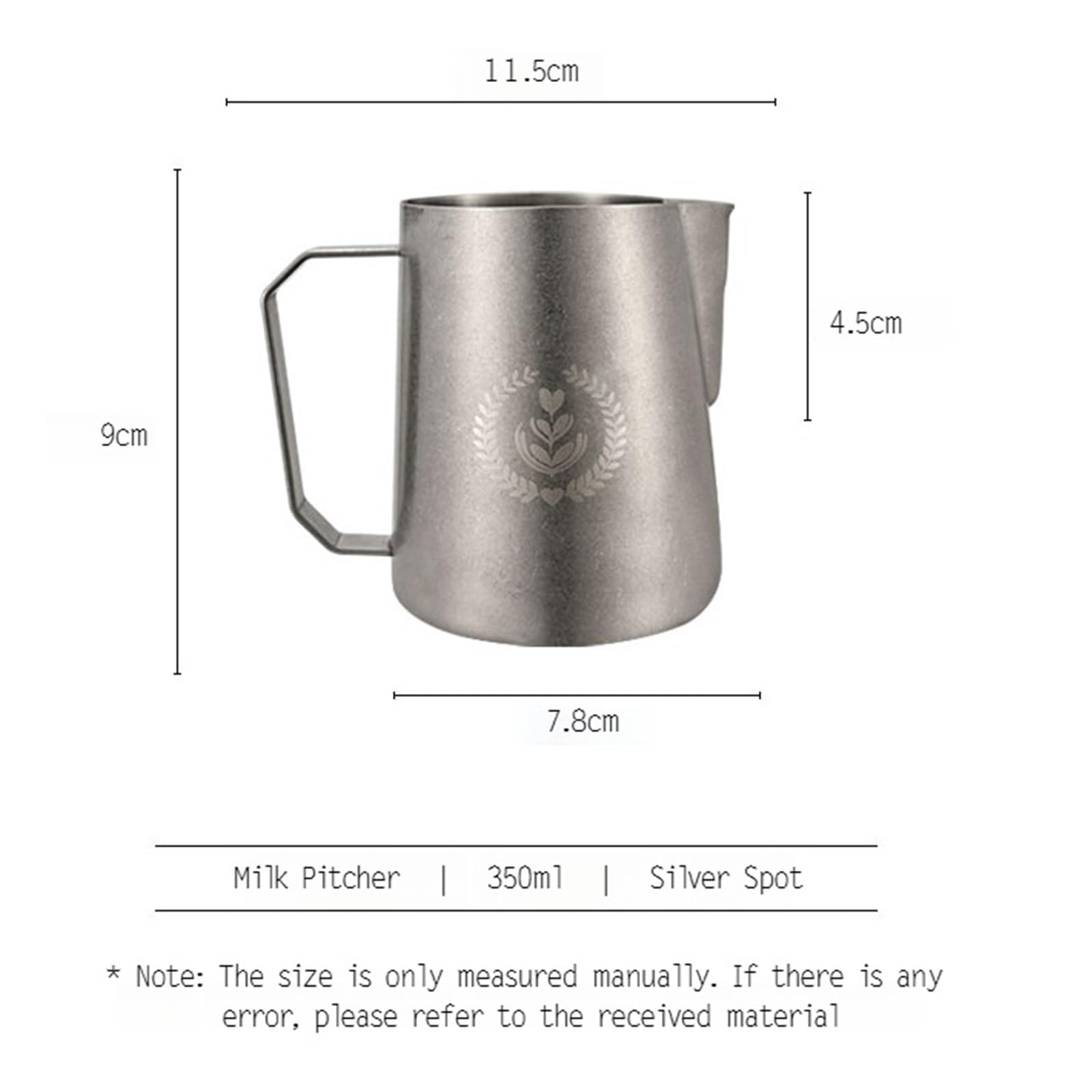 Jarra for leche espresso, jarra for espumar de 350/450/600 ml, for latte art con pico afilado y asa ancha gruesa(350ml Silver Spot)