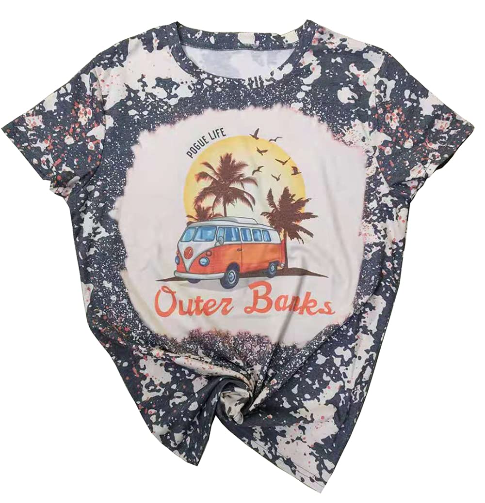 FECAFOOuter Banks Pogue Life T-Shirt Women Bleached Tie Dye Surfing Lover Shirt Palm Tree Bus Graphic Tee
