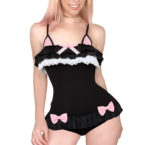 Littleforbig Cotton Fancy Kitty Romper Onesie Pajamas Teddy Lingerie One Piece Babydoll Bodysuit - Black-1 - X-Small