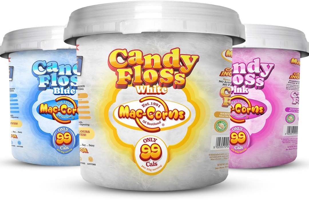 MacCorns - Cotton Candy Floss Bucket Stack - Blue, Pink & White | Traditional Spun Candy Floss, Ideal for Cocktails, Desserts Garnish and Parties - 3 x 10ltr Resealable Mega Buckets