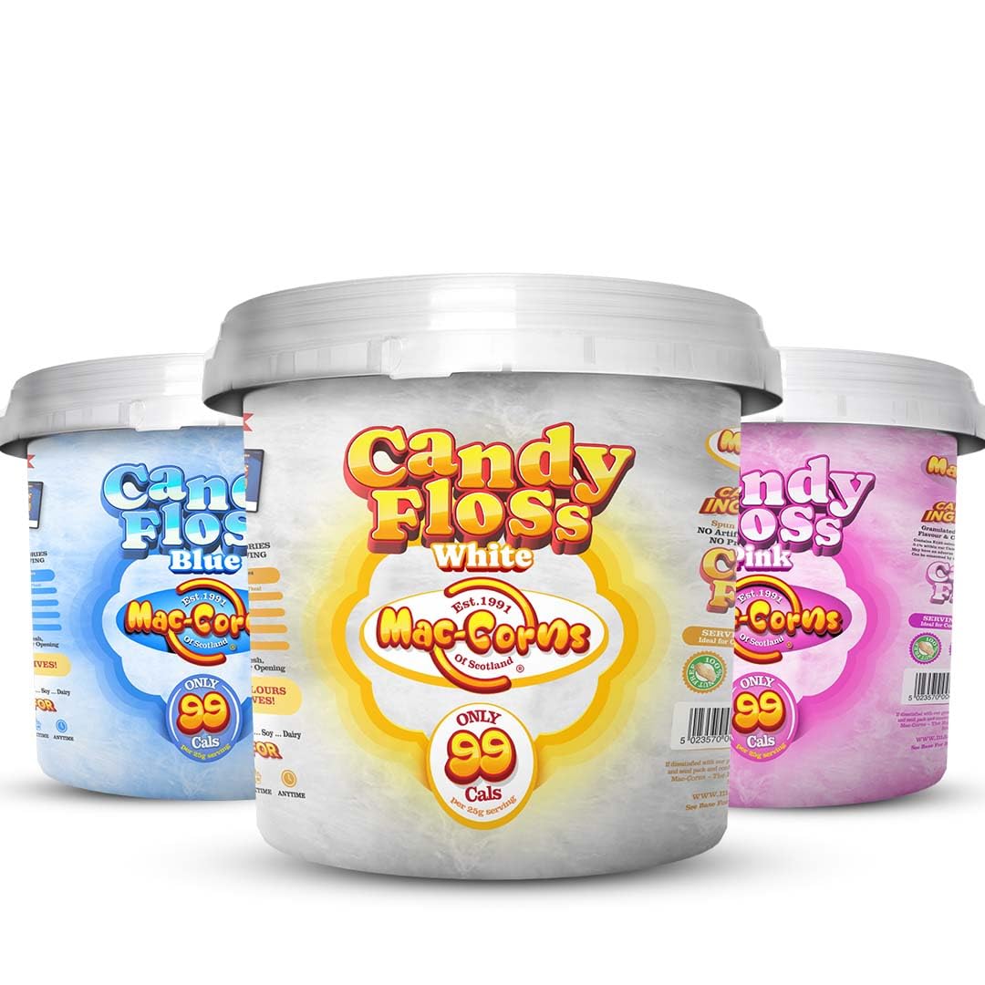 MacCorns Cotton Candy Floss 3 Pack Mega Bucket - Blue, Pink & White Flavours | Traditional Spun Candy Floss for Kids & Adults - Ideal for Cocktails, Desserts & Party Garnish | 10 Litres Each Pack