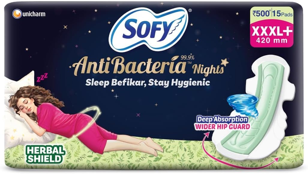 Sofy Women Anti Bacteria XXXL+ Sanitary Pads |Night Protection|Wider Hip Guard| Deep Absorption | Herbal Sheild | Hygiene & Herbs | XXXL+, Pack Of 15